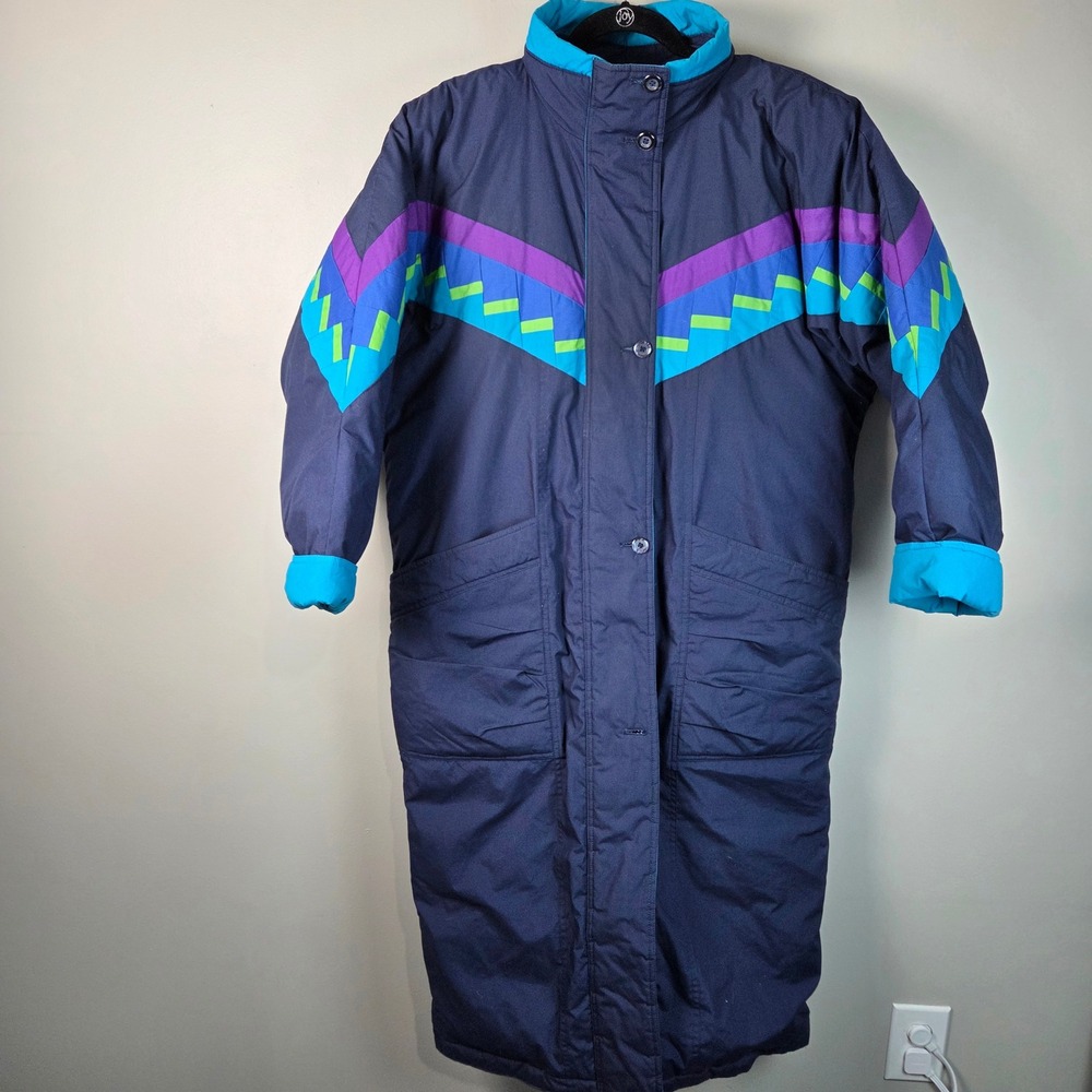 London Fog Puffer Parka Women S Navy Good Vintage Geometric Long Puffer Coat